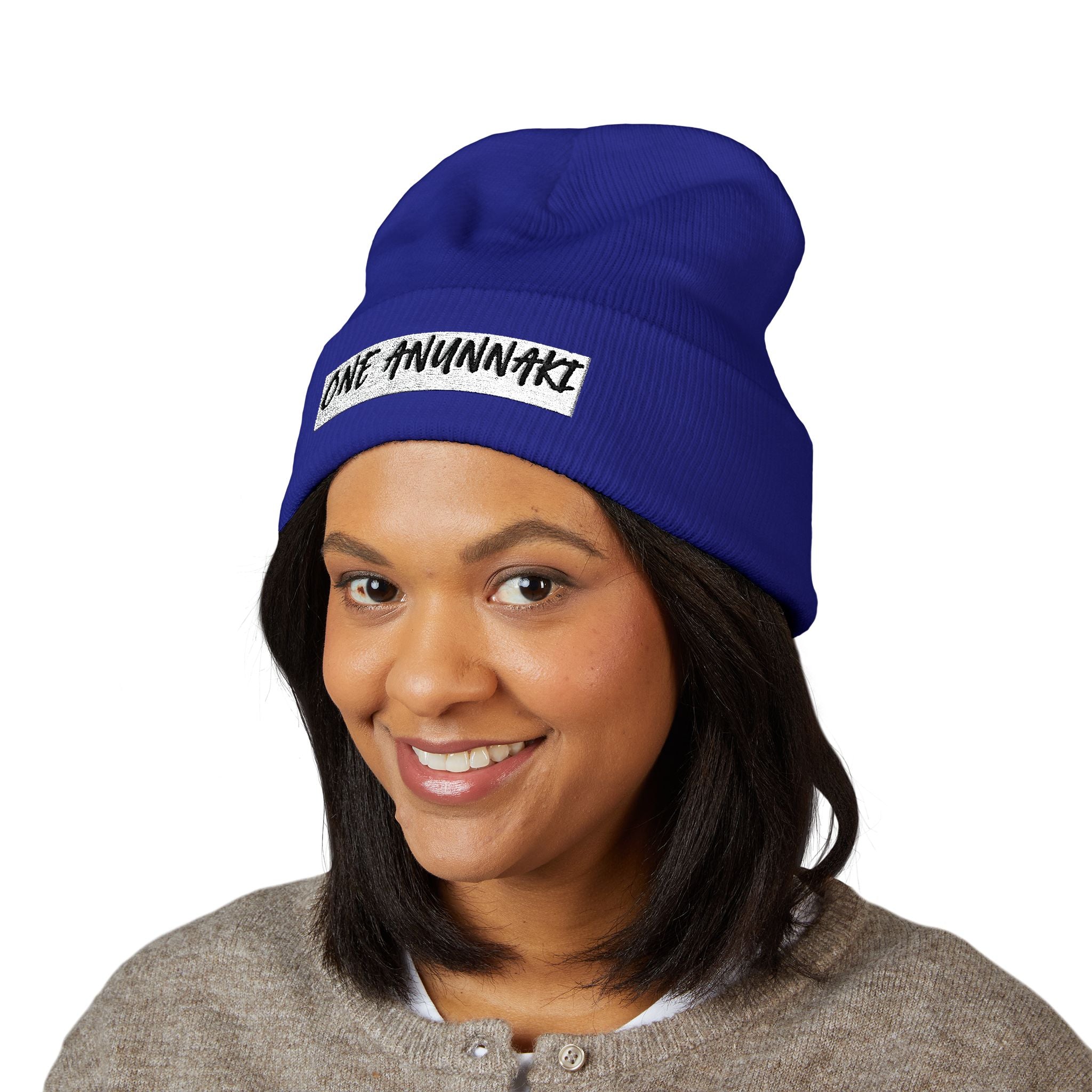 ONE AWUNNAKI cuffed beanie | embroidered text knit hat