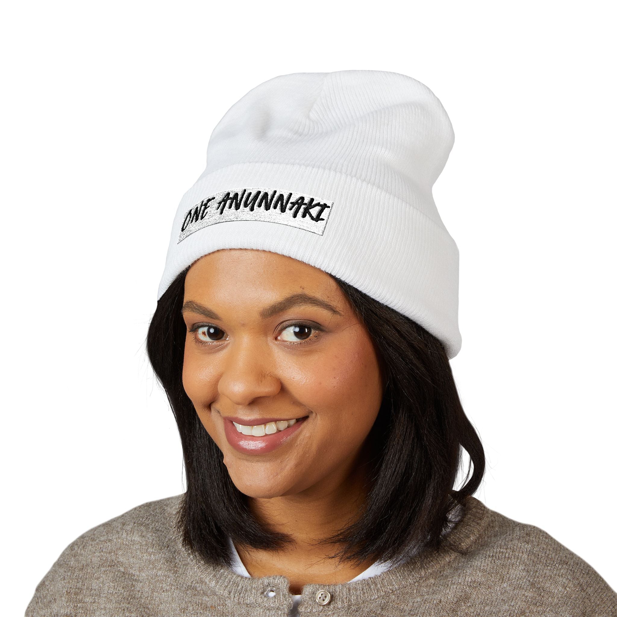 ONE AWUNNAKI cuffed beanie | embroidered text knit hat